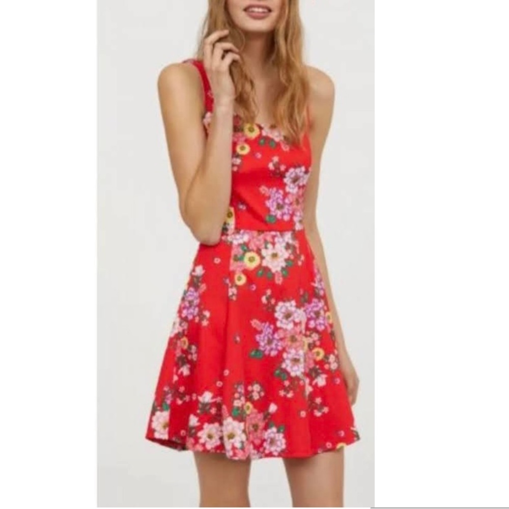H&M floral fit/flare red sleeveless stretchy dress women Size 10